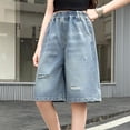 thumbnail image 3 of Aezemi Girls Distressed Denim Shorts, Kids Knee Length Bermuda Ripped Shorts, Elastic Waist Casual Outer Jean Bottoms with Pockets for Big Girls 8-9 Years, 3 of 8