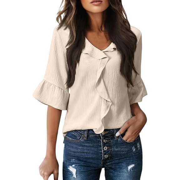 Womens Tops Women's Fashion V Neck Trim Pleated Blouse Casual Loose Fit Tops