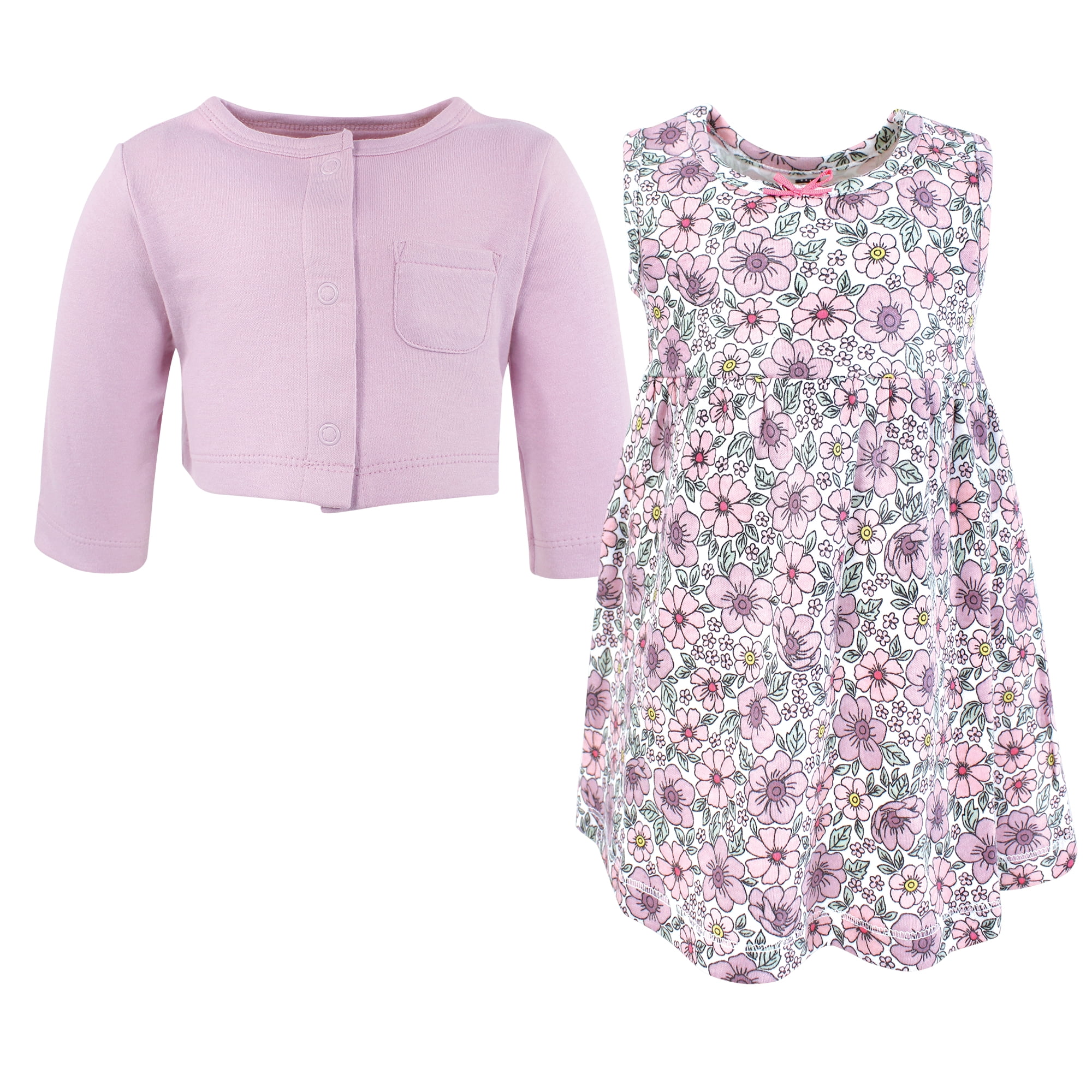 Hudson Baby Infant and Toddler Girls Cotton Dress and Cardigan Set, Pink Purple Pretty Floral, 3T