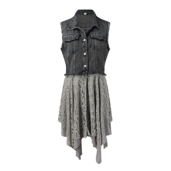 Rovga Fall Jackets For Womens Sleeveless New All Denim Vest With Spliced Hem Lace Jacket Stylish Daily Wear Black L