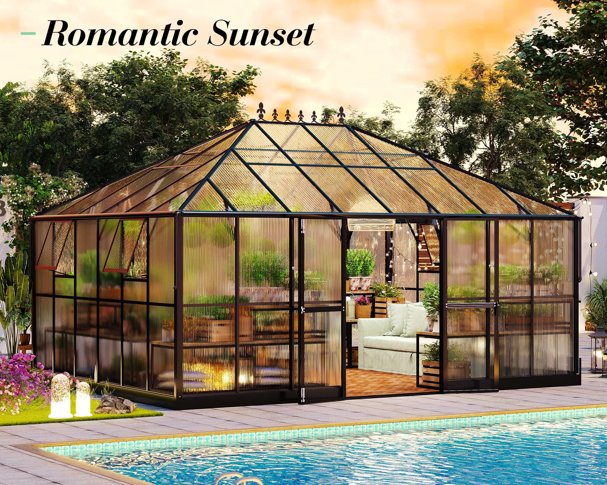 Jocisland 16x12x9.5 ft Polycarbonate Greenhouse- 6 ft Wall Height Outdoor Aluminum Walk-in Greenhouses with 2 Ventilation, for Backyard Garden