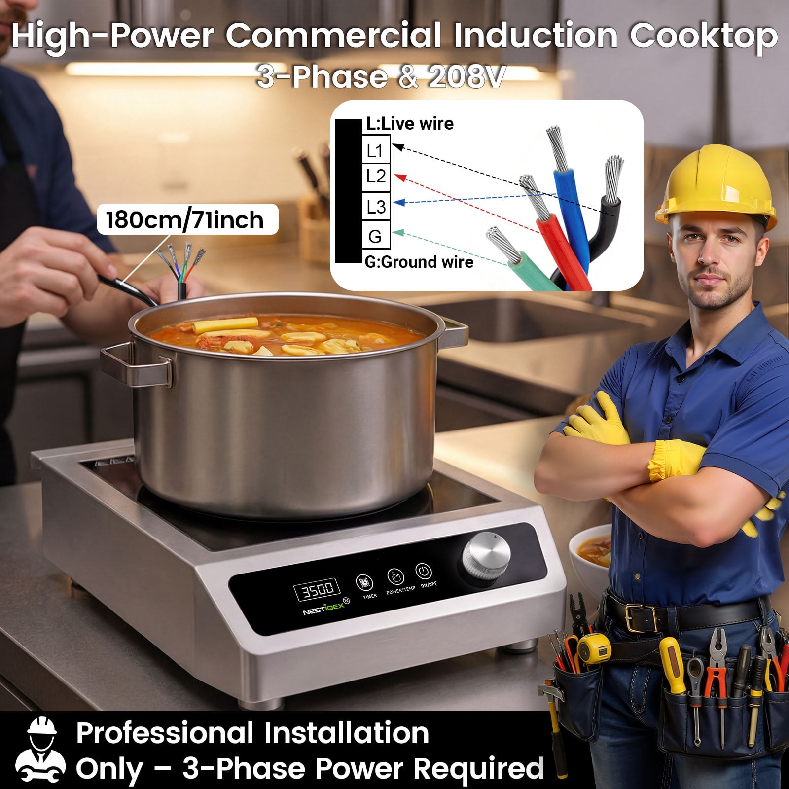 3500W Commercial Induction Cooktop, 208V 3-Phase Large Induction Burner with 20 Power & Temp Levels, 9.25" Large Coil, 24h Timer, One-Knob Control, Pro Electric Countertop Burners for Restaurant Hote