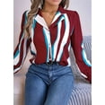 thumbnail image 2 of Women'S 2025 Casual All-Match Contrast Color Striped Suit Collar Long-Sleeved Shirt Tops Wine Red L, 2 of 7