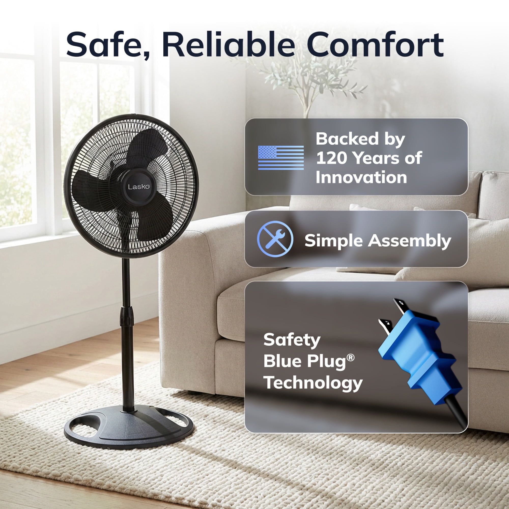 Lasko 16" Oscillating Pedestal Fan with Adjustable Height and Tilt-Back Head for Whole Room Cooling, Black, S16500