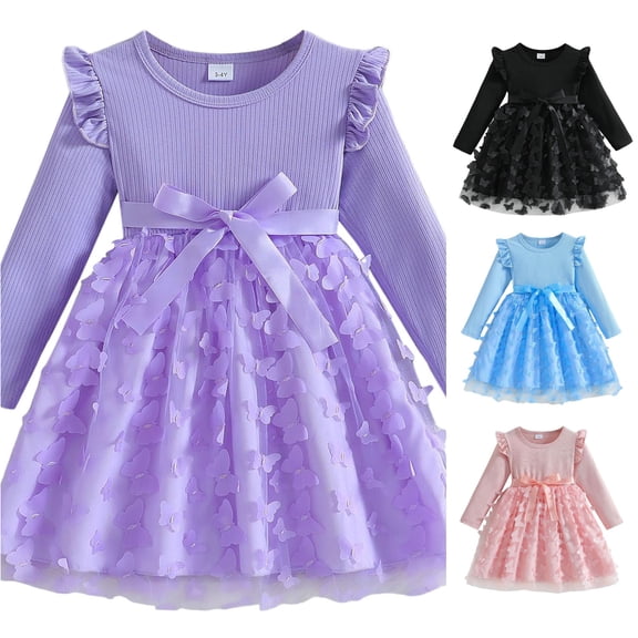 Ulitacool Toddler Dress For Girls O Neck Bowknot Solid Color Long Sleeve Dresses Basic Clothes 3-4 Years Purple