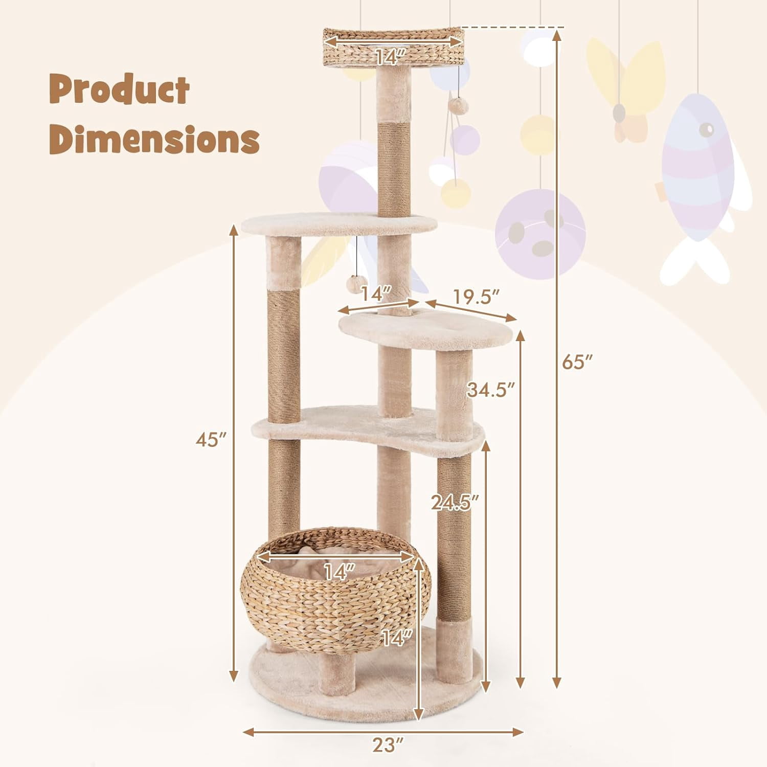 WSWJY Modern Cat Tree, 65 Inch Tall Cat Tower with Jute Scratching Posts, Dangling Balls, Cattail Basket Bed & Top Perch, Removable & Washable Cushions, Aesthetic Cat Tree for Indoor Cats
