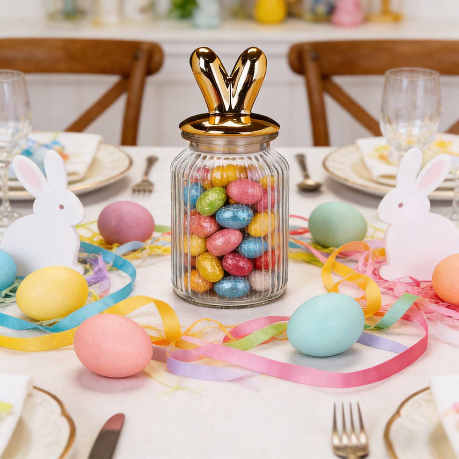 A Glass Easter Candy Jar 1000Ml Storage Jar With Lid Kitchen Container For Candy Snacks Cookies Holiday Home Decor Easter Bunny Egg Chick Design