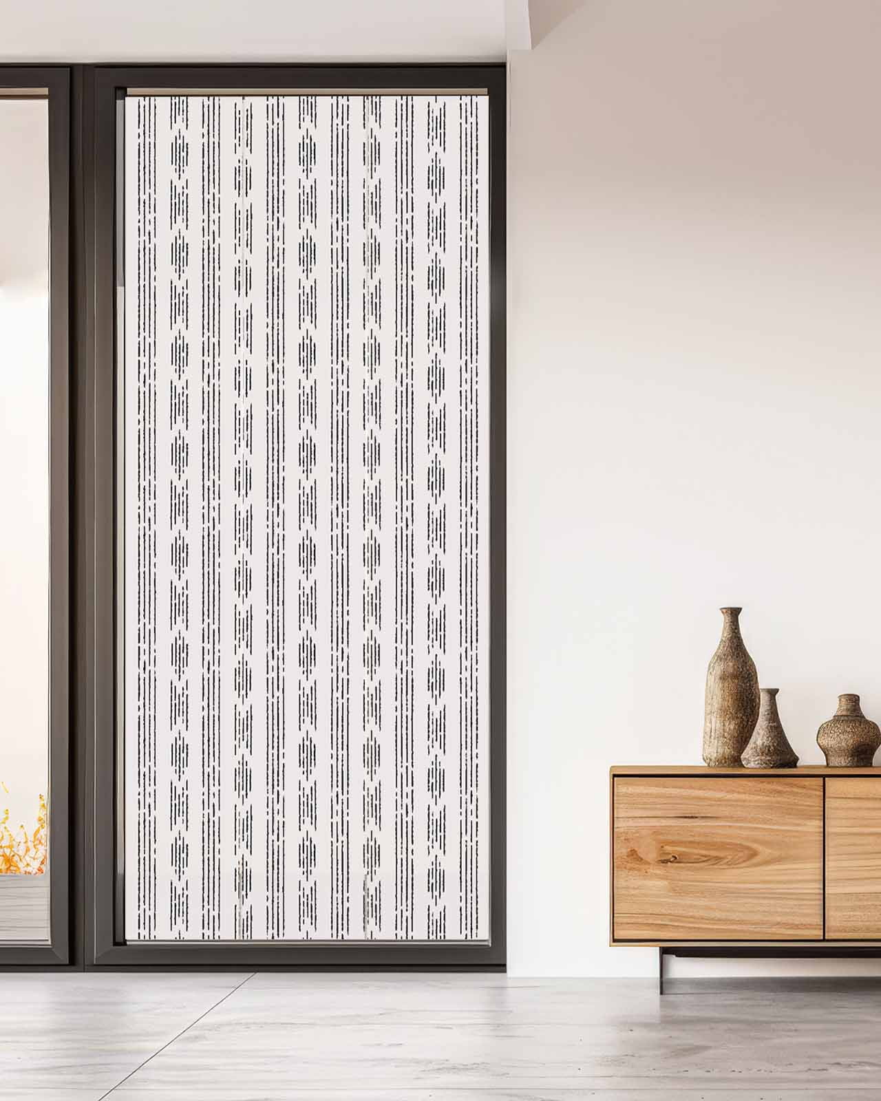 Window Privacy Film, Boho Black Stripes UV Sun Blocking Window Tint Film Heat Control One Way Blackout Window Film, Modern Bohemian Grey Art Texture Non Adhesive Static Cling Sticker 35.4x78.7 In