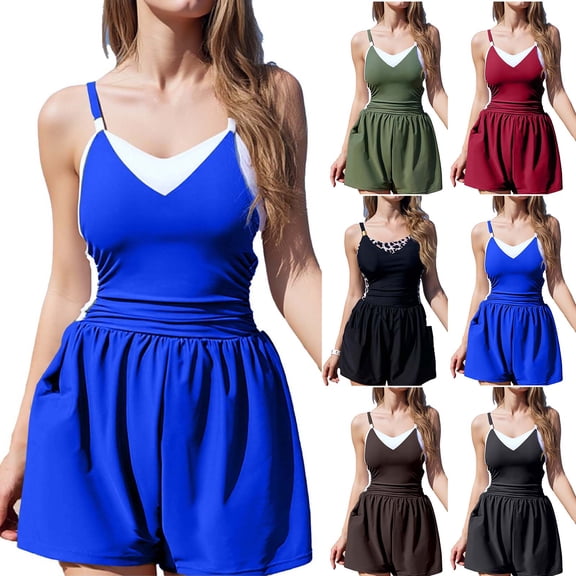 Women's One Piece Bathing Suit Spaghetti Strap Color Block Shorts Swimsuit Quick Dry Stretchy Swimwear (XL, Blue)