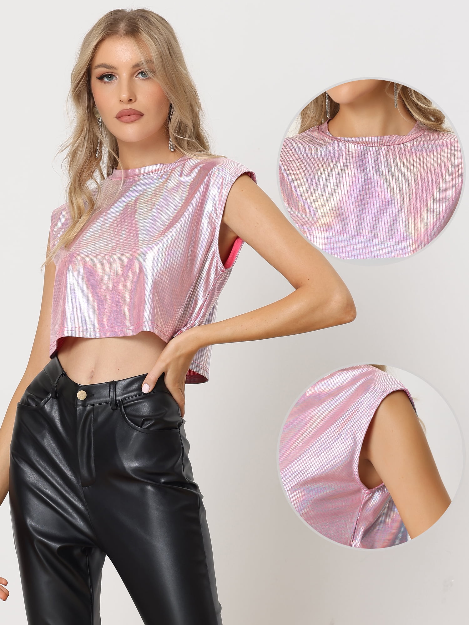 Unique Bargains Women's Round Neck Sleeveless Holographic Crop Metallic Tank Top L Pink-Plaid