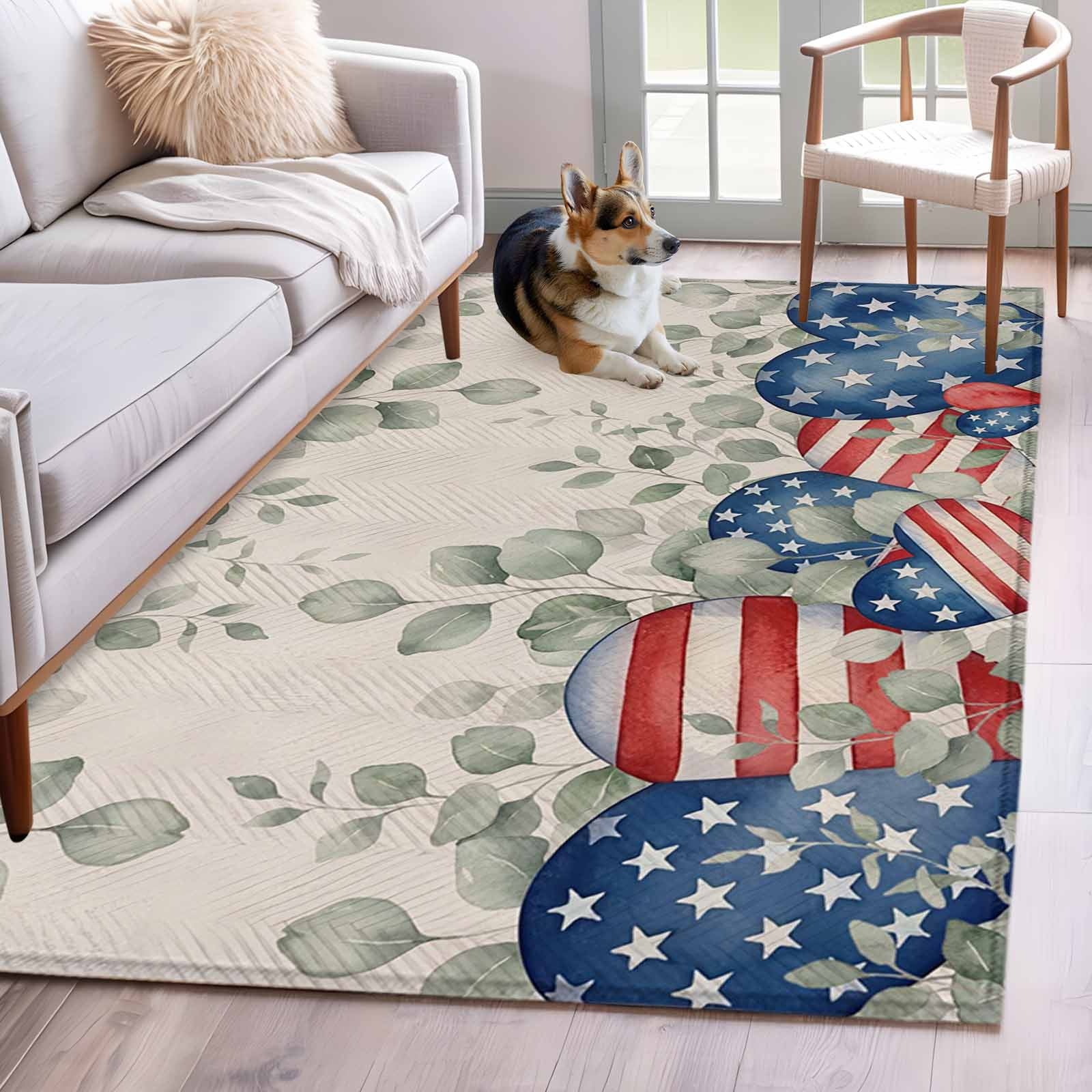 Rectangle Area Rug 4x6ft 250th Anniversary Independence Day Leaves Non-Slip Non-Shedding Floor Mat Red Blue Heart Shapes Washable Sturdy Carpet for Living Room Bedroom Home Decor