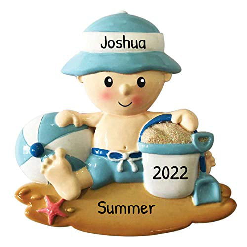 Personalized Beach Baby Boy Christmas Tree Ornament 2021 Cute Babys Summer Vacation Sea Sand Bucket Grand-Son New Mom Shower Present Tradition Holiday South Travel Coastal Free Customization