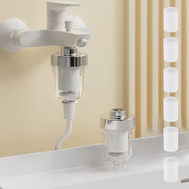 Filtro de agua del grifo de ducha | Purificador de baño de prefiltro ABS | Decloración con carbón activado | Se adapta a grifos de baño estándar | 6 elementos de filtro | 10,3x6,3cm | 1 pieza