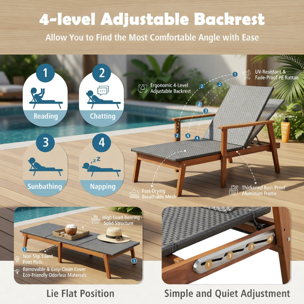 Hommoo 4-Position Adjustable Patio Chaise Lounge with Foldable Side Table, Heavy-Duty Acacia Wood & PE Rattan Outdoor Recliner Set for Backyard, Poolside, and Deck, Brown