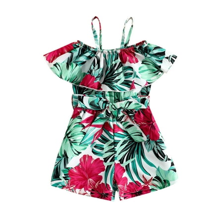 

AmShibel Toddler Baby Girls Summer Romper Leaf Flower/Pineapple Print Sleeveless Ruffled Sling Short Jumpsuit One-Piece with Belt