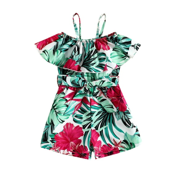 Toddler Baby Girls Summer Romper Leaf Flower Pineapple Print Skirts Sleeveless Ruffled Sling Short Jumpsuit One-Piece with Belt