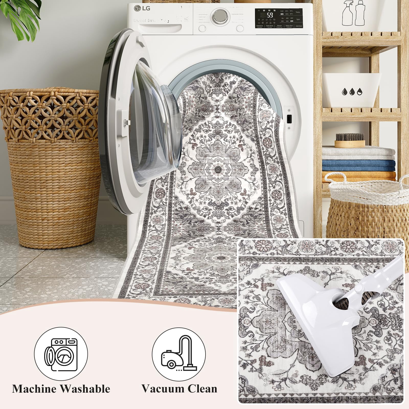 Findosom 2'x10' Runner Rugs for Hallway Machine Washable Runners Rug,Vintage Runner Rug Non Slip Kitchen Runner Rug Medallion Carpet Runner for Bedroom Laundry Entrance,Gray