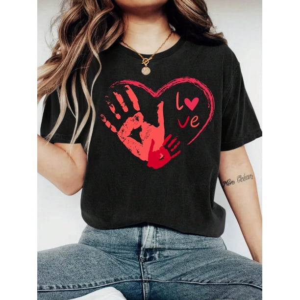 Camiseta de cuello redondo con estampado "Feliz Día de San Valentín" para mujer. Camiseta informal de punto, ligera y transpirable, ideal para todas las estaciones y para practicar deportes.