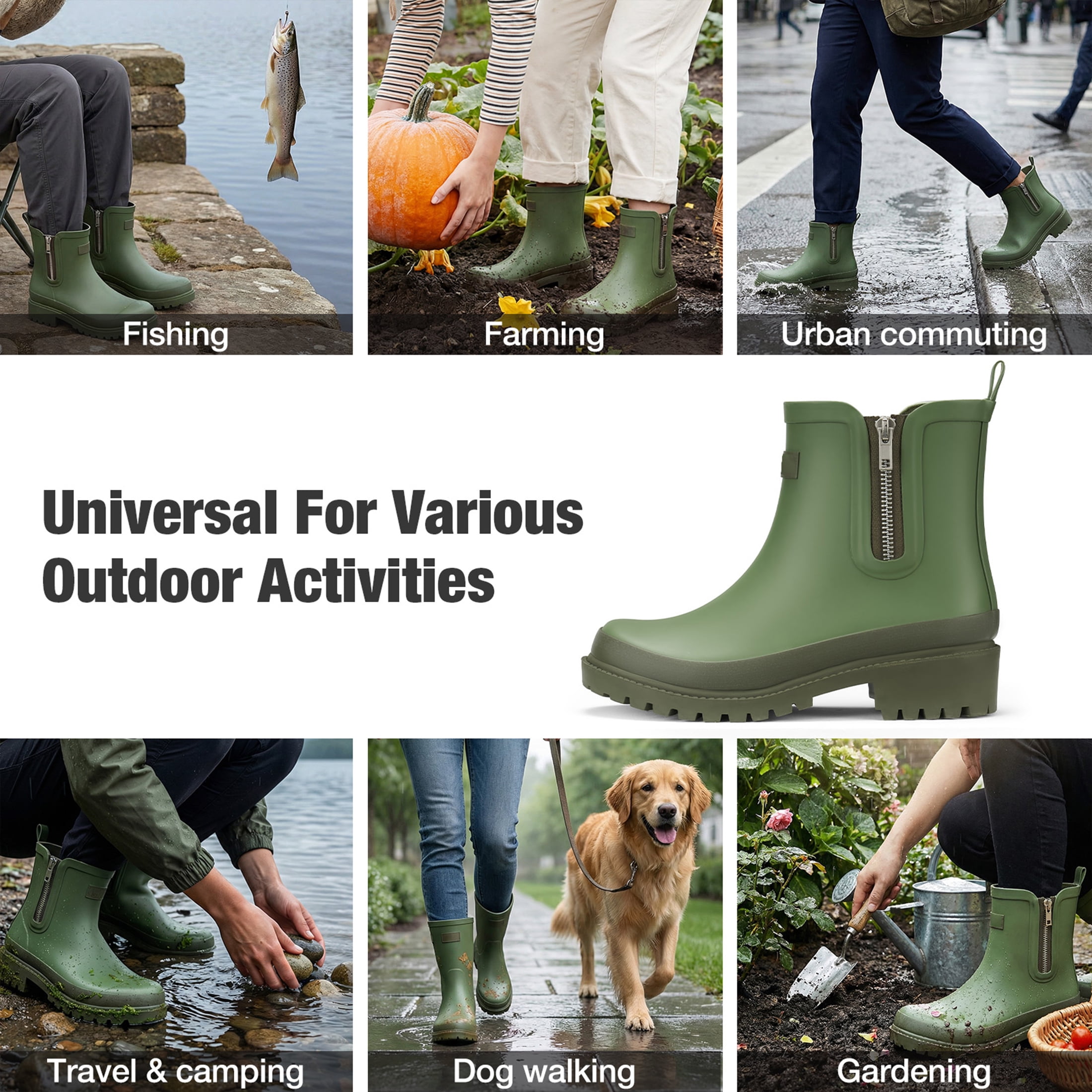 SMILIN Women’s Waterproof Chelsea Ankle Rain Boots with Side Zipper,Green, US Size 10