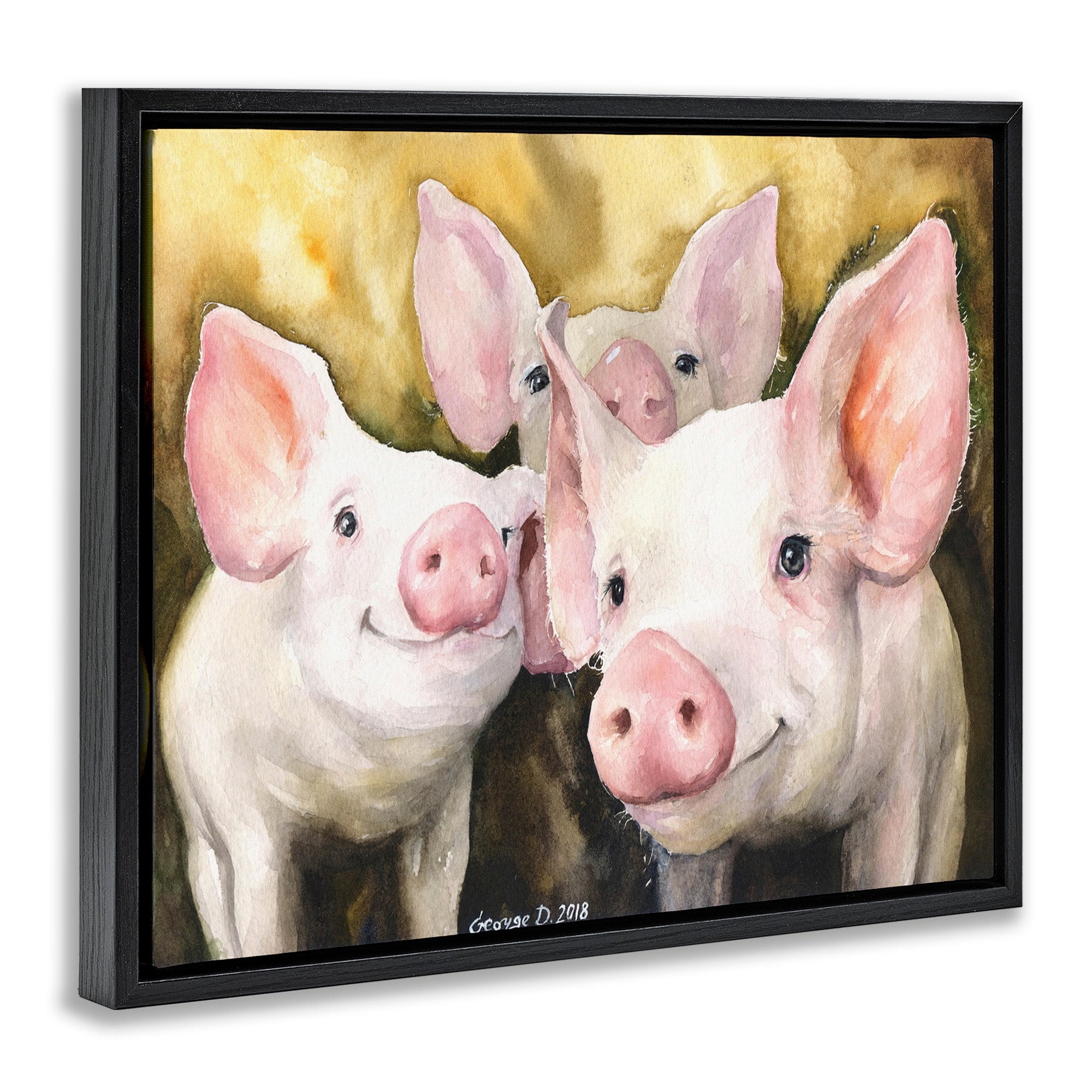 Stupell Industries Baby Pigs Animal Yellow Watercolor Painting Jet Black Framed Floating Canvas Wall Art, 16x20, by George Dyachenko