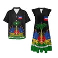 thumbnail image 4 of Garronmavis Haiti State Flags Matching Couple Outfits Men's Short Sleeve Shirt Summer Light Work Hawaiian Tops and Women's V-neck Dress Ruffle Sleeve Beach Party Sundress, 4 of 7