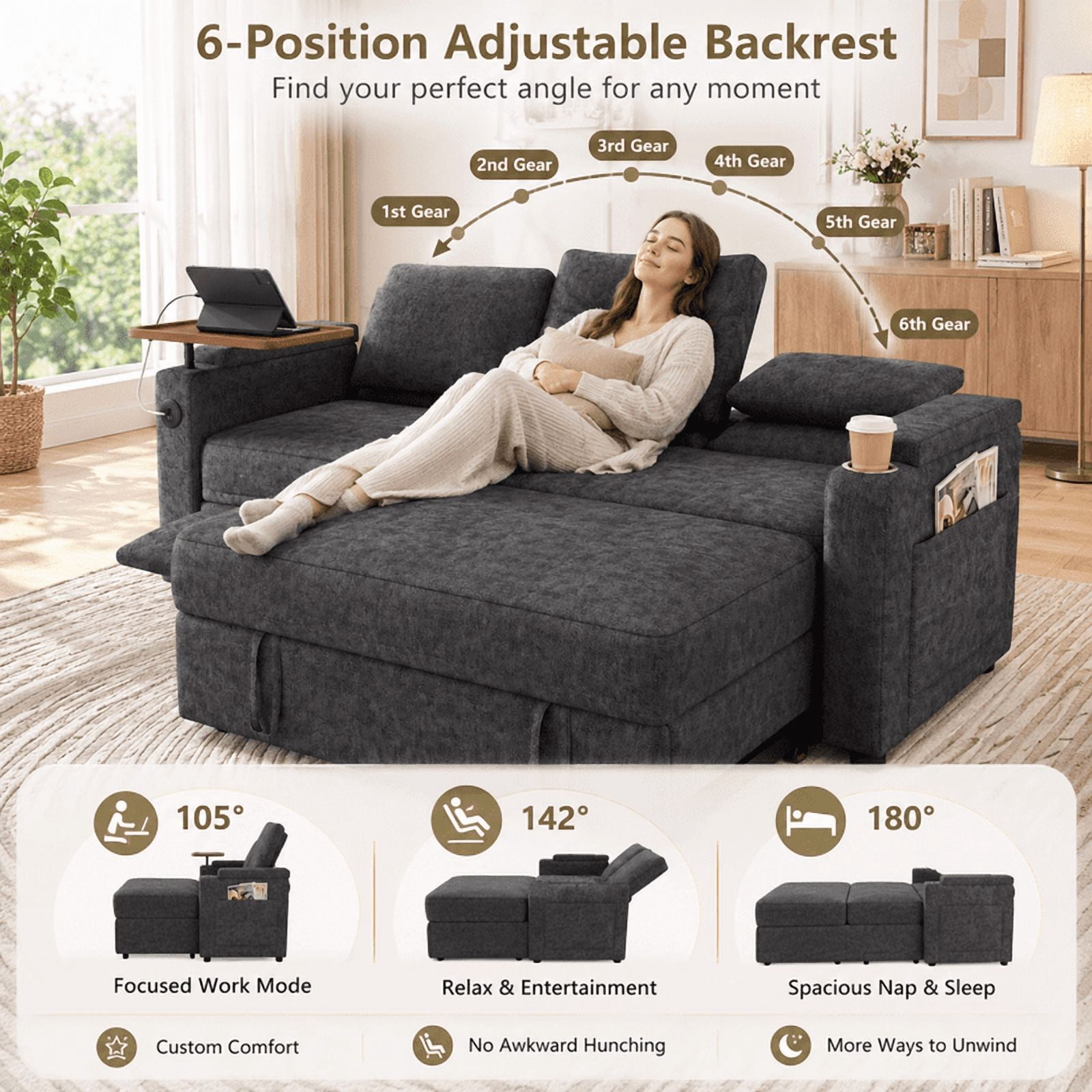 3-in-1 Convertible Sofa Bed, 3-Seater Chenille Couch with Adjustable Backrest, USB Charging Ports, Table Board and Storage Armrests, 81'' Foldable Sleeper Sofa for Living Room