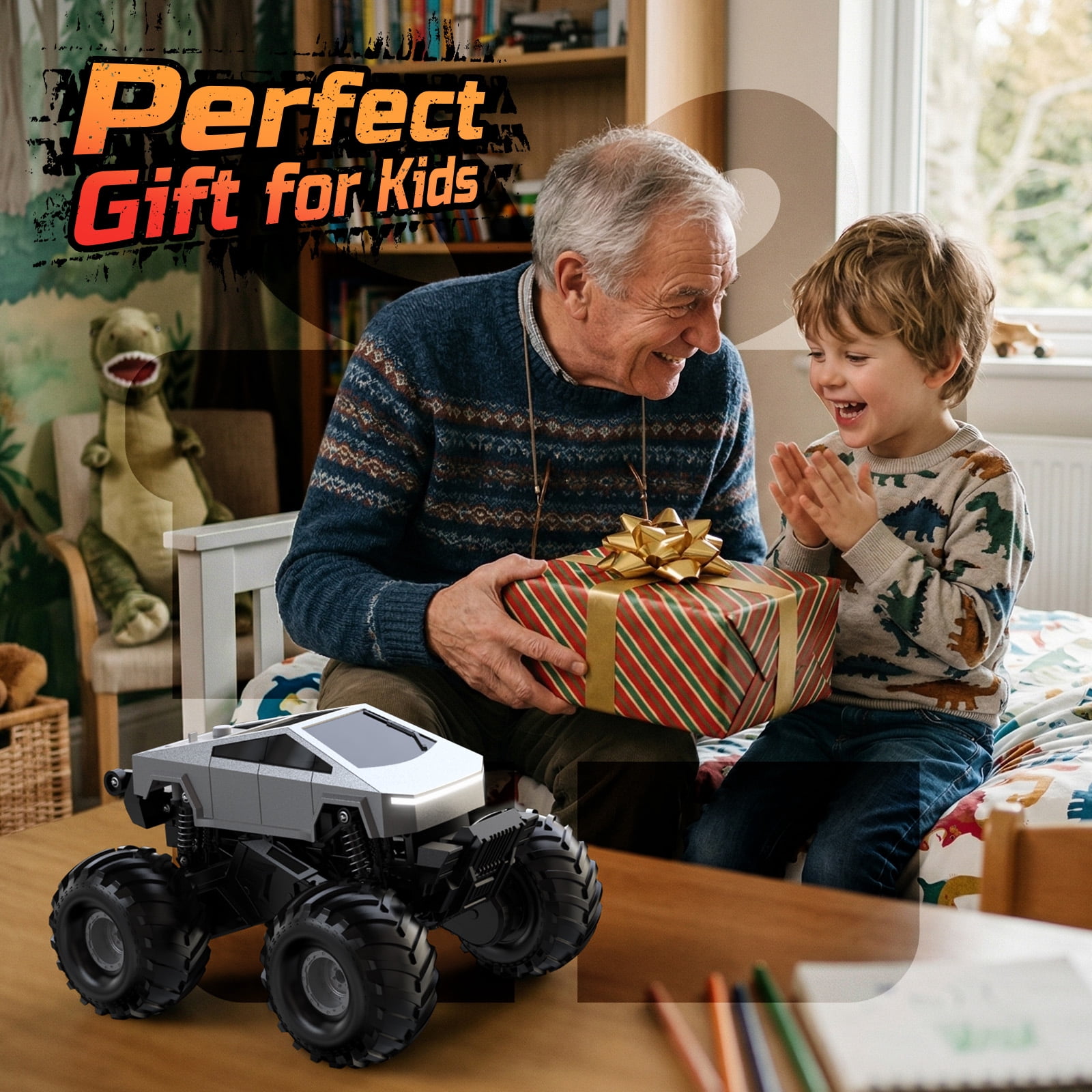 JoyStone Amphibious RC Car for Kids, 4WD Remote Control Monster Truck, All-Terrain Waterproof RC Truck with 360° Stunts, One-Key Stand-Up, LED Lights, Off-Road Toy for Boys Girls