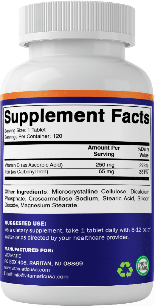 Vitamatic Carbonyl Iron 65 mg with Vitamin C – Gentle Iron Supplement for Energy & Immune Support – High Absorption – 120 Tablet - 2 pack