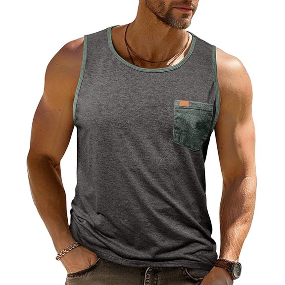 Jyeity Mens Tank Color Block Gym Crew Neck Tank Top, Plus Size with Pockets Breathable Sporty Tank Tops
