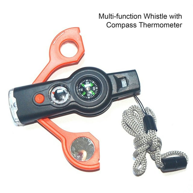 Emergency Whistle Compact Size Loud Crisp Sound Magnifying Glass Design High Decibel with LED Light Multi-function Whistle with Compass Thermometer Camping Supplies