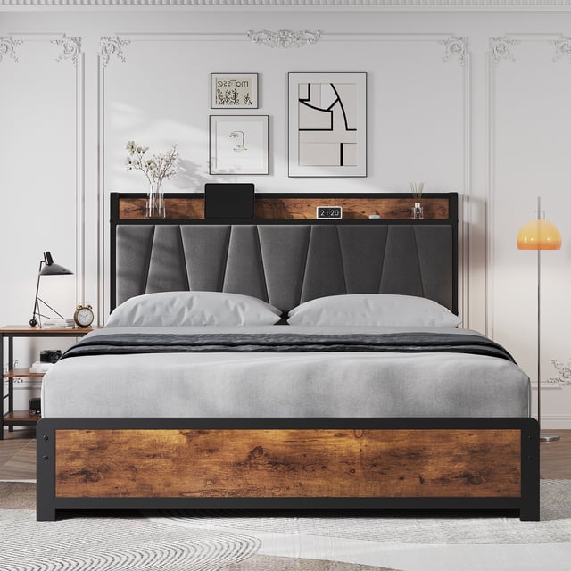 CazToi Full Size Platform Bed with Charging Headboard & 4 Storage Drawers Linen Upholstered No Box Spring Needed