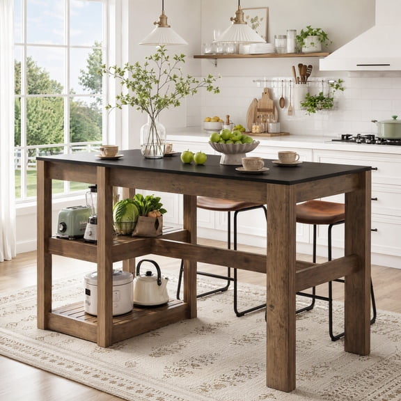 Fnova 55" Farmhouse Kitchen Island with Storage Shelves, 2-Tier Wood Stationary Island Table for Dining Room, Kitchen, Black & Brown