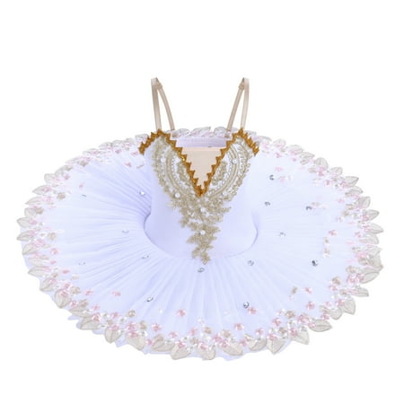 IBTOM CASTLE Girls Ballet Leotards with Platter Tutu Professional Hard Organdy Camisole Skirt Dancewear 9-10 Years White