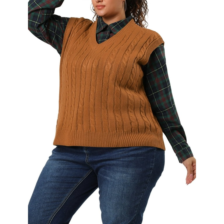 Agnes Orinda Women's Plus Size Winter Outfits V Neck Solid Knit Sweater  Vests 