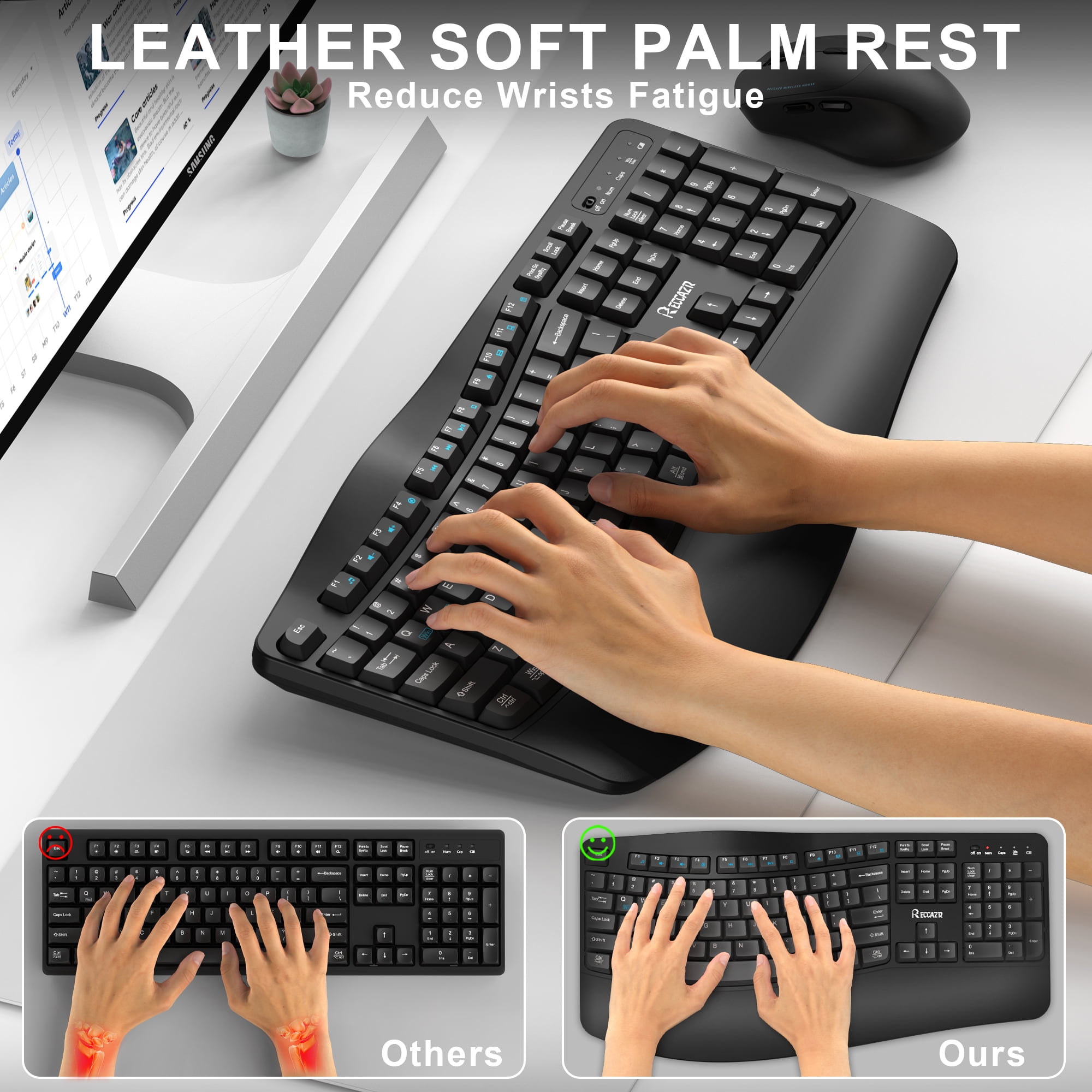 Wireless Keyboard and Mouse Combo,2.4G Full Size Wave Keys Ergonomic Keyboard with Wrist Rest for Natural Typing, 3 DPI Adjustable Ergonomic Silent Mouse for Computer/Laptop/Windows/Mac (Black)