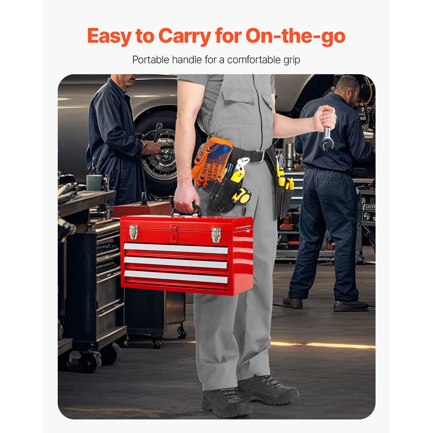 KFFKFF 20.5-Inch Portable Metal Tool Box with 3 Drawers, Small Tool Chest Featuring EVA Liners, Ball-Bearing Slides, Lockable Design, and Powder-Coated Finish, Red Multi-Purpose Organizer
