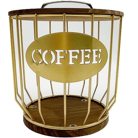 Meilimei Coffee Pod Holder Basket with Wood Base, Gold Wire K-Cup Storage Organizer for Countertop, Modern Coffee Bar Decor for Kitchen Counter, Espresso Capsule Container
