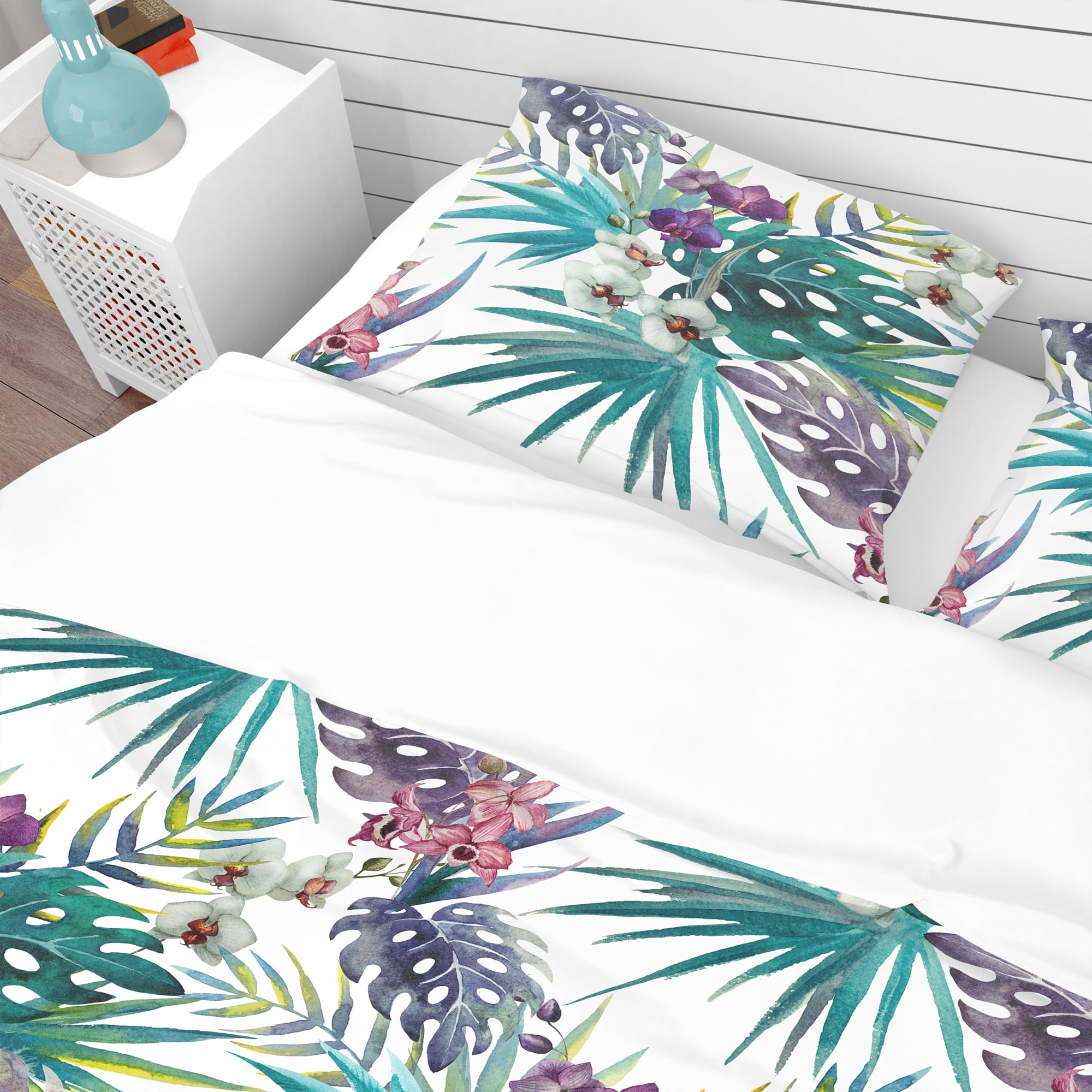 Designart 'Pattern Orchid Hibiscus Leaves Watercolor Tropics' Tropical Duvet Cover Set