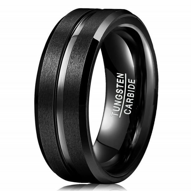 8mm Tungsten Ring for Men Black Wedding Bands with Center Groove