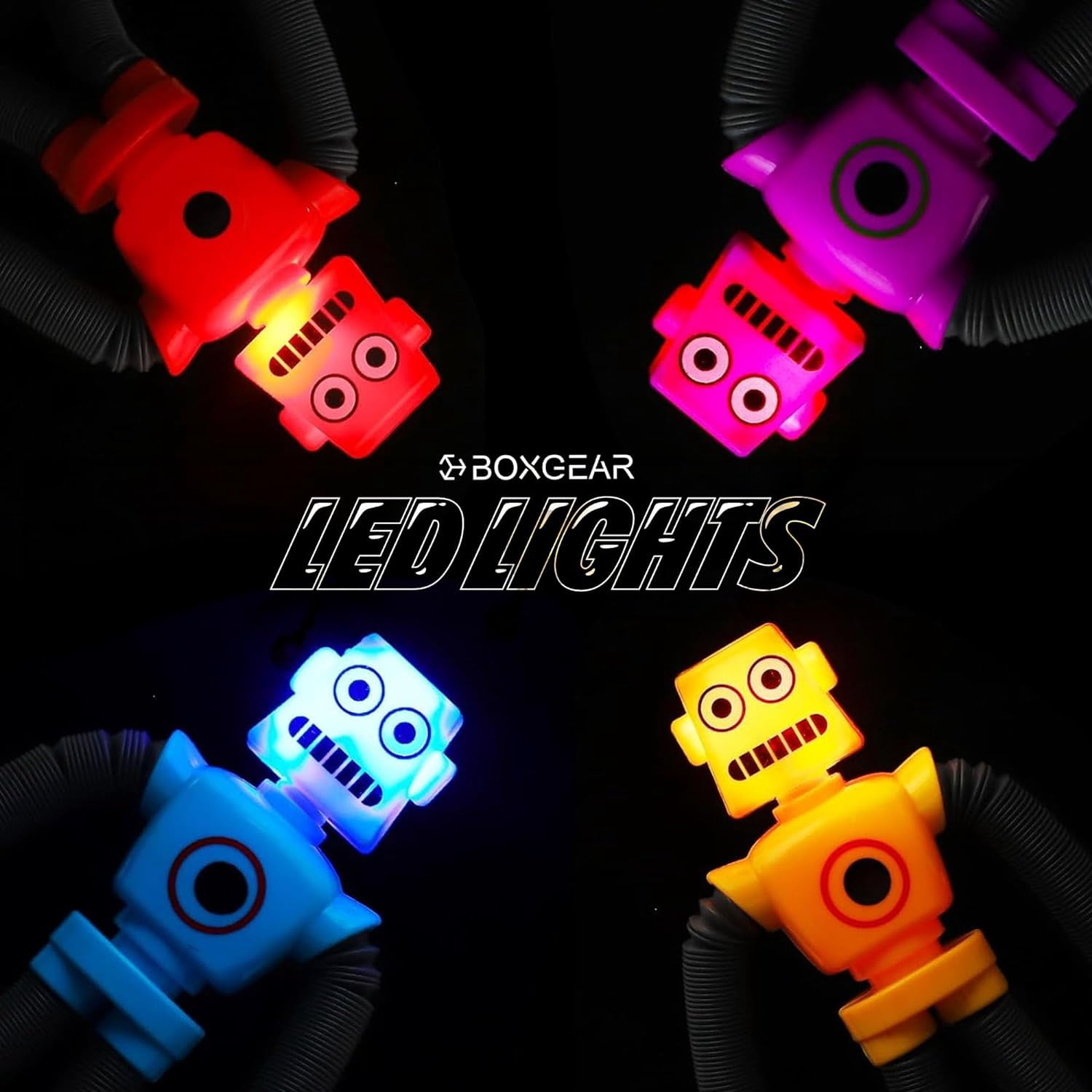 BoxGear LED Robot Toy Set, 4 Pieces with Telescopic Pop Tubes Fidget Sensory Toys for Toddlers (Multi-color)