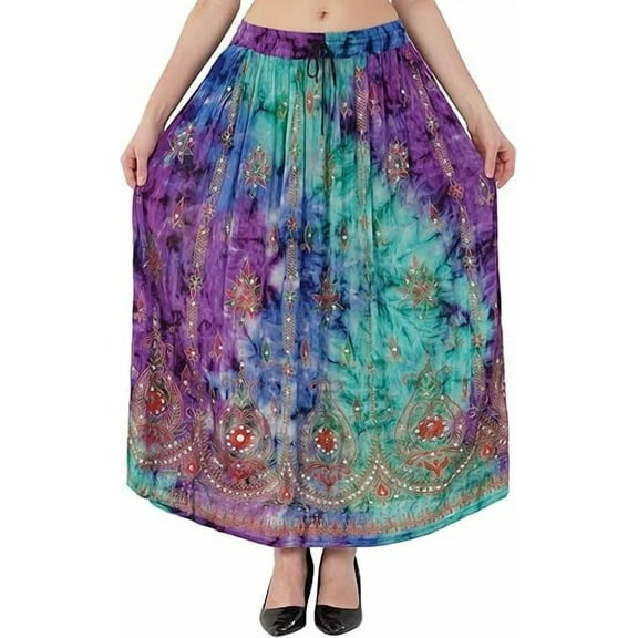 Women's Tie Dye Yoga Skirt with Sequined Crinkle Broomstick Gypsy Design Multicolor