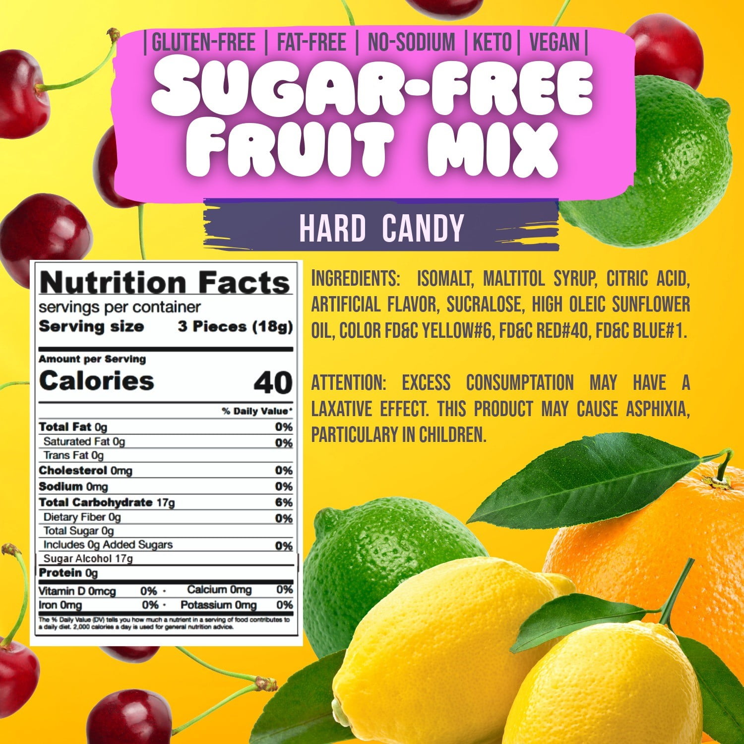 SweetGourmet Sugar-Free Assorted Fruit Mix Hard Candy Wrapped, Lemon, Cherry, Orange, Lime, 2-Pound Bag