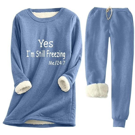 Oksale 2 PC Yes,I'm Always Freezing Sweatsuits Set Women Fluffy Sherpa Lined Sweatshirts with Pockets Elastic Drawstring Sweatpants Plus Size Casual Outfits for Going Out 2025 Blue M