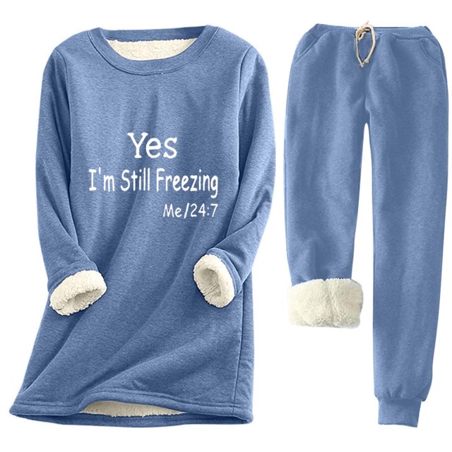Haivin Two-Piece Fleece Set for Woman, Solid Color Print Long Sleeve Round Neck Thermal Top and Drawstring Pocket Pants, Warm for Winter and Daily Wear