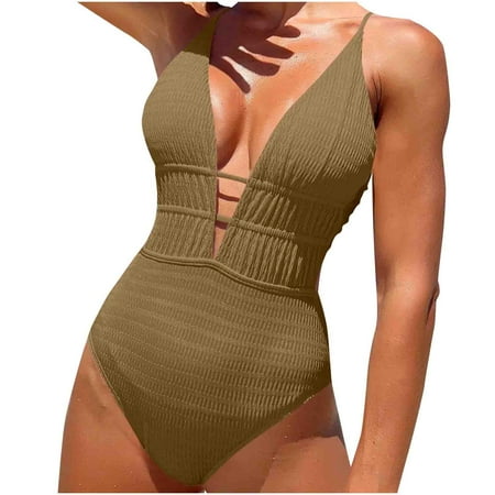 Virmaxy Women s Solid Color One-piece Swimsuit Sexy Backless Strappy Tankini Camisole Waist Cinching Swimwear With Bra Padded for Pool Party Vacation Khaki-1 S