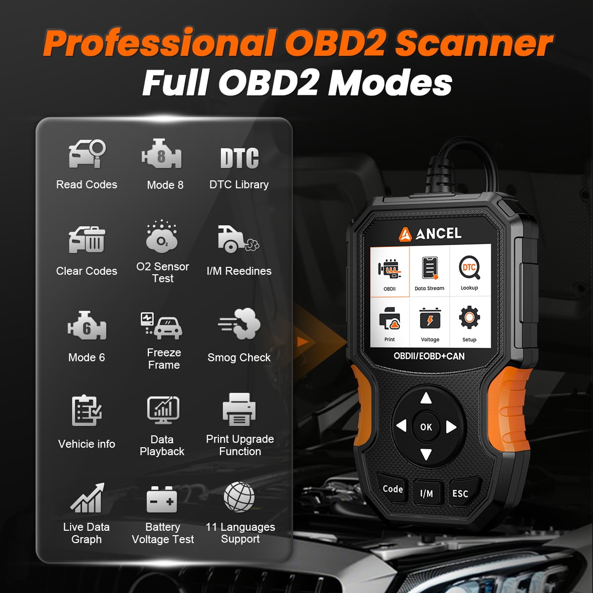 ANCEL AS300 OBD2 Scanner Car Code Reader, Full OBDII Diagnostic Tool with Cloud Printing, DTC Lookup, I/M Readiness, Battery Voltage Test, Live Data, Smog Check, 11 Languages, Lifetime Free Updates