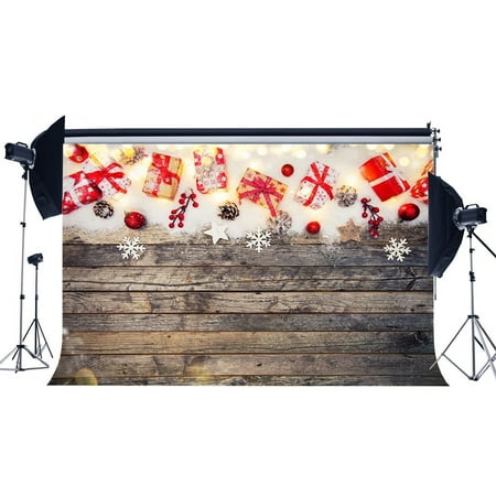 Image of MOHome 7x5ft Photography Backdrop Xmas Gifts & Christmas Balls Bokeh Halos Weathered Grunge Wood Floor Backdrops for Baby Kids Adults Happy New Year Portraits Background Photo Studio Props