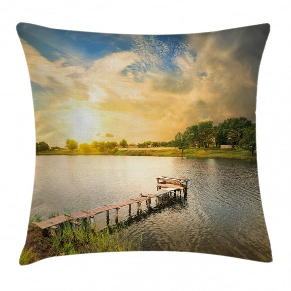 Nature Throw Pillow Cushion Cover, Wooden Deck on the Lake Surrounded by Foliage Greenery Evening Sky Serene Landscape, Decorative Square Accent Pillow Case, 18 X 18 Inches, Multicolor, by Ambesonne