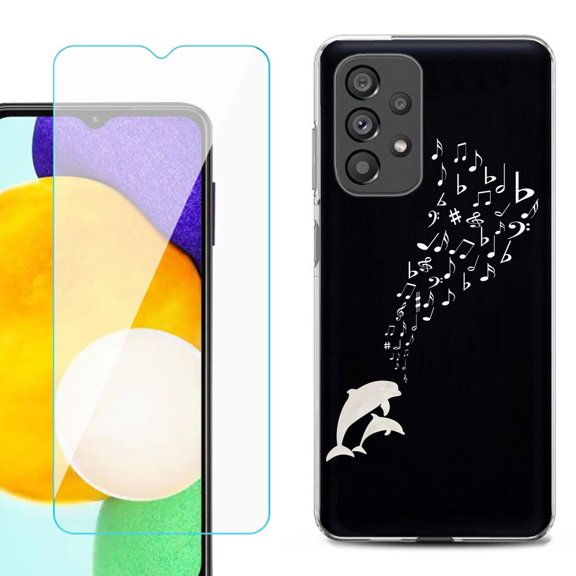 Slim-Fit Gel TPU Phone Case for Samsung Galaxy A23 5G, with Tempered Glass Screen Protector, by OneToughShield ® - Dolphin Music