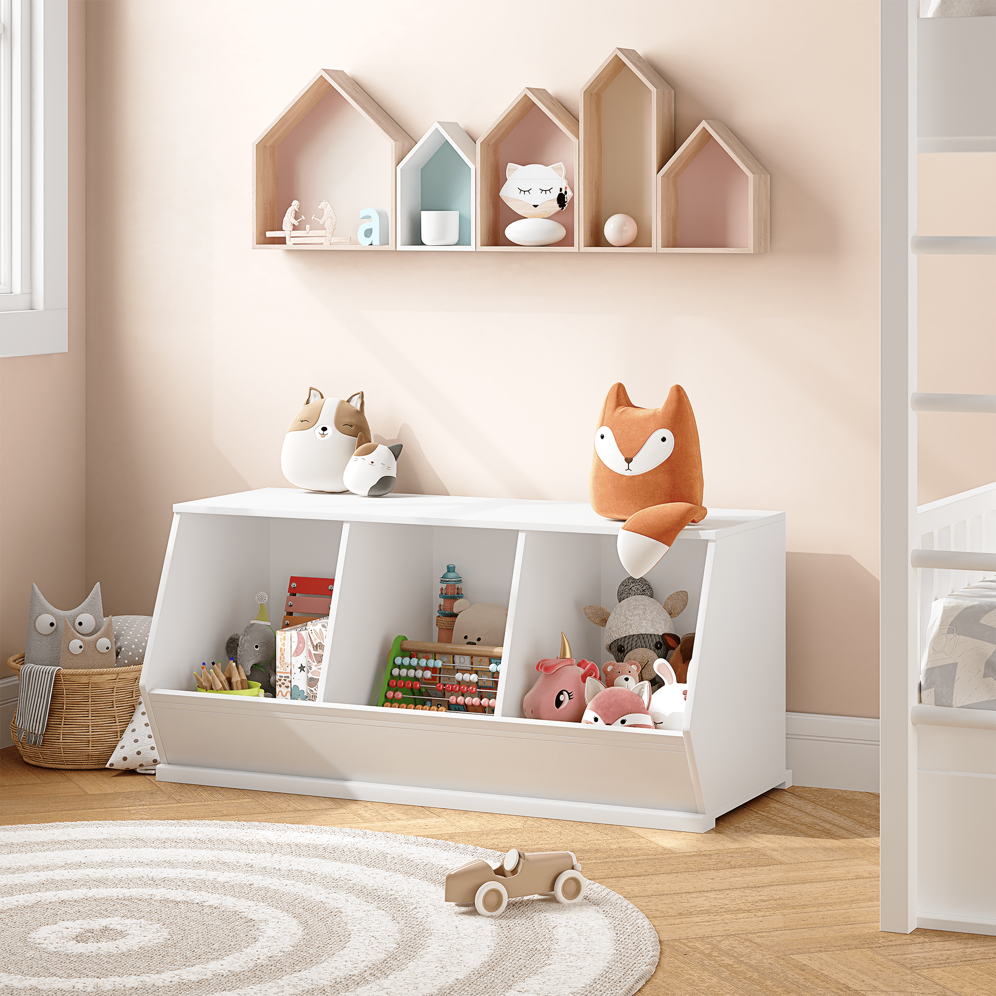 STAROUS Stackable Toy Storage Cabinet, Toy Storage Organizer for Kids, White Wooden Cubby Toy Organizer